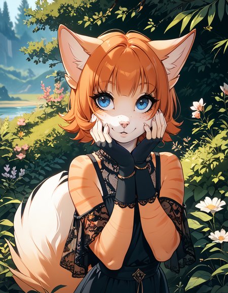 score_9,score_8_up,score_7_up,score_6_up,
outdoors,
full body,seductive smile,parted lips,long eyelashes,
<lora:Vera_v01_PDXL:1>,
Vera,1girl,solo,furry female,short hair,orange hair,bangs,fox ears,blue eyes,freckles,snout,animal nose,body fur,two-tone fur,orange fur,white fur,striped,fox tail,
<lora:add-detail-xl:1>,