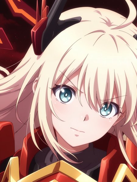 tv style, anime coloring, sky striker ace - raye, red power armor, mecha musume, official alternate costume, 1girl, solo, looking at viewer, floating hair, head tilt, v-shaped eyebrows, parody, close-up, closed mouth, upper body, black bodysuit, red headgear, red sword wings, red breastplate,
masterpiece,best quality,amazing quality,very aesthetic,absurdres,newest,<lora:Sky striker ace - kagari illusXL v1:0.7>,