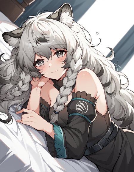 score_9, score_8_up, score_7_up, source_anime, <lora:arknights-pramanix-ponyxl-lora-nochekaiser_r1:1>, pramanix, pramanix (arknights), animal ear fluff, animal ears, grey eyes, braid, grey hair, leopard ears, long hair, very long hair, small breasts, mature female, messy hair, multicolored hair, two-tone hair, wavy hair, white hair, bare shoulders, black dress, dress, juliet sleeves, long sleeves, puffy sleeves, veil,, indoors, bed, bed room, on side, blush, drunk,, smile, looking at viewer, hand on stomach, blush,, solo,, cowboy shot, dutch angle