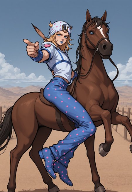 anime, rough sketch, sketchy lineart, black lineart, pencil drawing, sharp edges, masterpiece, best quality, detailed background, 8k, 1boy, man, solo, Johnny Joestar, blonde hair, long hair, blue eyes, beanie, white hat, stars on hat, blue lipstick, white shirt, blue armbands, blue pants, stars on pants, blue shoes, full body, face focus, turning to viewer, looking at viewer, horse, riding horse, side view, pointing finger, pointing finger at viewer, dynamic pose, outdoors, wild west, light blue sky, clouds