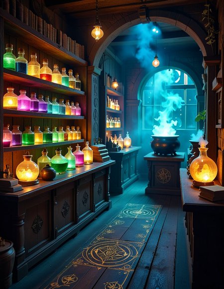 A dimly lit, mysterious alchemy shop filled with ancient books, glowing potions, and strange magical artifacts. Wooden shelves, covered in dust and cobwebs, are packed with glass bottles containing bubbling liquids in deep purples, shimmering golds, and eerie greens. The air is thick with swirling mist, and candlelight flickers, casting long shadows across the stone walls. In the foreground, an old wooden counter holds an open grimoire, alongside mortar and pestles, dried herbs, and mysterious symbols carved into the surface. Strange objects like a levitating crystal orb, a preserved dragonâs eye in a jar, and an enchanted dagger with glowing runes are displayed throughout the space. A bubbling cauldron in the corner emits a soft, eerie glow, illuminating the intricate arcane symbols on the floor. The atmosphere is dark, mystical, and full of ancient secrets, evoking a sense of forgotten magic and hidden knowledge.
<lora:SDXLFaeTastic2400:0.4> <lora:extremely_detailed:0.4> extremely detailed,<lora:mysterious_4lch3my_sh0p:1>,mysterious 4lch3my sh0p, Masterpiece,best quality,hi res,8k,hi res,8k,award winning,(sharp focus, intricate, highly detailed),