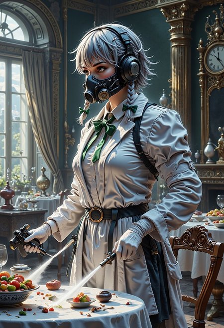 A masterpiece, ultrarealistic, natural colours of evening light, photorealistic scene, luxurious intricate interior of a dining room, rich in detail, dining table covered white table cloth, empty chairs after the eaters have left, dirty dishes, serving dishes with leftover food, a few dead mice on table, a clock, 
Flat chested Izayoi Sakuya in full-face respirator, protective rubber gloves and white unbuttoned lab coat with long sleeves over maid uniform and mid dress is spraying tables with a pump sprayer, stream of white spray, (tiny tits, flat chest:1.8), slim, slender, short silver hair, twin braids, green bows, detached collar, green bowtie, puffy sleeves, white wrist cuffs, white apron, pocket watch, thighhighs, 
<lora:Hand v2:1> Detailed hand, Hand, Perfect hand, 
<lora:best_of_flux_v30_rank64_bf16-step01750:1> best_of,