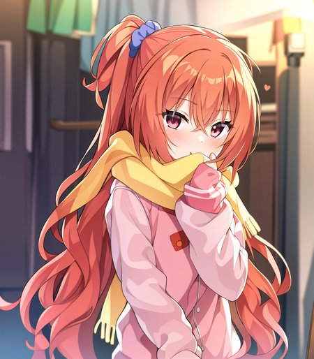masterpiece, best quality, 1 girl, <lora:inabaMeguruSabbatOfThe_inabaMeguru:1>, 1girl, orange hair, red hair, red eyes, pink eyes, long hair, hair between eyes, scrunchie, very long hair, blue scrunchie, hair scrunchie, one side up, pink jacket, scarf,