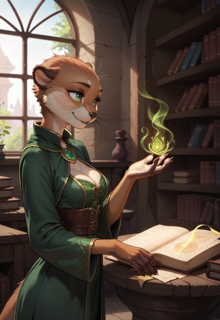 safe_pos, score_9, score_8_up, score_7_up, highres, high quality, perfection, masterpiece, Expressiveh,
indoors, ancient library, abandoned library, dust,
1girl, solo, no humans, side view, cowboy shot,
furry female, (anthro otter girl: 1.2), detailed fur, vibrant fur, beautiful girl, cute girl, young adult, youthful, (bald girl, bald head), detailed face, beautiful face, innocent face, eyelashes, perfect eyes, detailed eyes, green eyes, medium breasts, detailed hands,
mage, wizard, clothed, green wizard robe, cleavage, green wizard hat,
standing, looking ahead, looking for something, outstretched arm, (magic energy, magic aura), ((flying books)),