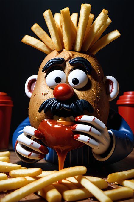 Horror-themed mr potato head eating french fries with ketchup,cinematic still frame,35mm,8K,thorough,fries in mouth,ketchup, . Eerie, unsettling, dark, spooky, suspenseful, grim, highly detailed