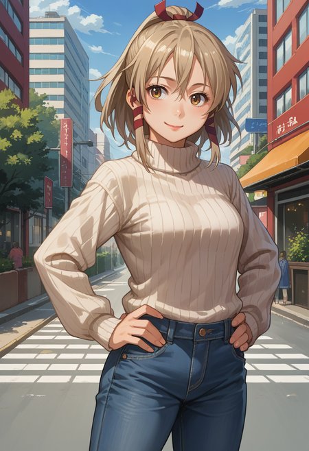 score_9, score_8_up, source_anime, 1girl, solo, Ukanomitama, long hair, high ponytail, hair ribbon, tress ribbon, sweater, ribbed sweater, jeans, outdoors, city, smile, hands on hips, <lora:ChamUkaPonyXL:1>