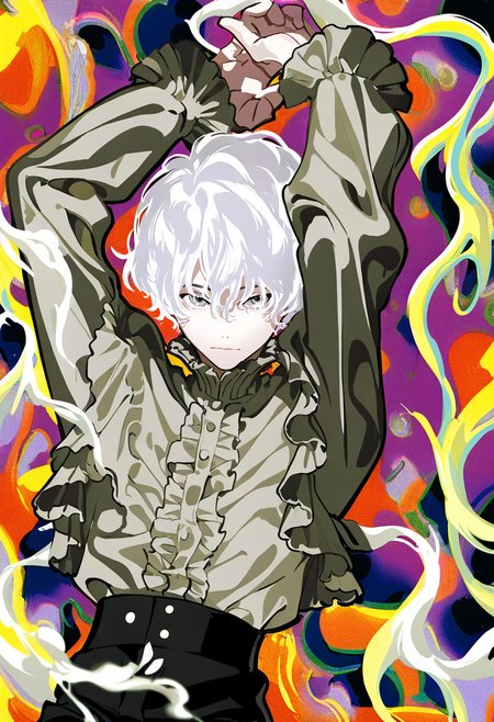solo, 1boy, male focus, white hair, looking at viewer, long sleeves, shirt, grey eyes, short hair, white shirt, hair between eyes, arms up, frills, multicolored background, black pants, pants, closed mouth <lora:yoneyamaiXL_NBVP1_lokr_V6311P:0.95>