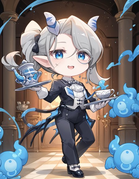 (score_9:0.9),score_8_up,score_7_up,rating_safe,(zPDXL3),(zPDXL),
masterpiece,intricate details,anime,4k,best quality,anime style,
<lora:arias the labrynth butler PonyXL v1:0.83>,
arias the labrynth butler,butler,1girl,solo,holding tray,tray,holding teapot,castle,teapot,teacup,looking at viewer,open mouth,white gloves,black footwear,chibi,black tailcoat,white shirt,blue ghost,black pants,demon girl,monocle,white ascot,(scar),
