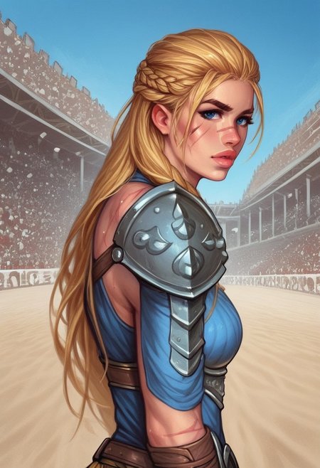 1girl, (((side view))), illustration, highly detailed, skinny, model body, looking at viewer, 1girl, masterpiece, best quality, femgladiator, scar, bloody, dynamic pose, <lora:Gladiator_F_For_Honor:0.9>
BREAK
(((((Bestiary gladiator armor, scars on face))))), ((((dynamic pose))))
long hair, blonde hair, big hair, blue eyes,
(((a short soft tunic, arms and legs bandaged with tight bandages)))
best quality, depth of field, bokeh, (((full clothed))), 
BREAK 
((((outdoor, gladiator arena, sand, colosseum, scars on body, bloody:1.2)))) score_9, score_8_up, score_7_up, score_6_up, source_cartoon, rating_explicit, Expressiveh, ((((upper body))))), dynamic pose,