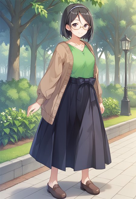 solo, standing, full body, park, 
 <lora:KC_05BB_kirishima_pony:1> kirishimakc, black_hair, short hair, glasses, green-framed eyewear, black eyes,        kirishima354kc, green_shirt, brown cardigan, open cardigan, black skirt, long skirt, brown shoes, blue cachusha, score_9,score_8_up, score_7_up, source_anime, masterpiece, best quality,  official art, official style, game cg, megami magazine, rating_safe, rating_questionable, <lora:Fixhands_anime_bdsqlsz_V1:0.75>, NEGATIVE_HANDS