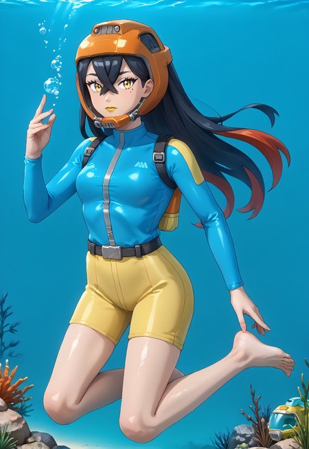PokemonStyle, pokemon \(anime\), full body,solo female, score_9, score_8, score_7, score_6_up, source_anime, anime coloring, anime screencap, official art,
BREAK full body, 1girl, black hair, colored inner hair, crossed bangs, hair between eyes, hairband, long hair under helmet, mole, mole under eye, multicolored hair, red hair, sidelocks, two-tone hair, yellow eyes, low lipstick only, floating hair, (blue wetsuit), long sleeves, bare legs, beautiful legs, barefoot,
BREAK
(pokemoncarmine wearing (snug fitting, head-sized(yellow diving helmet ))), (helmet overlapping chin, helmet overlapping cheeks, helmet overlapping jawline, helmet overlapping ears), shiny glass visor:0.5, 
BREAK underwater, seafloor, rocks, sea-green background:0.25, sea-green overlay:0.55, seaweed, neck 
BREAK blue background:0.25, bubbles, BREAK mask snugly on face, regulator, breathing tube, orange oxygen tank strapped to back, harness tightly on chest, belt, swimmingai, floating, bubbles, looking at viewer, diving, looking to side, aloof, closed mouth, vents on helmet, covered ears,
