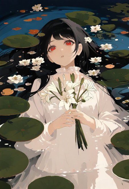 1girl, flower, solo, black hair, red eyes, long hair, holding, holding flower, looking at viewer, parted lips, white flower, white dress, long sleeves, dress, water, lily pad, lying, afloat, on back, upper body, bangs, partially submerged <lora:chongzhenXL_il_lokr_V53P1:0.95>