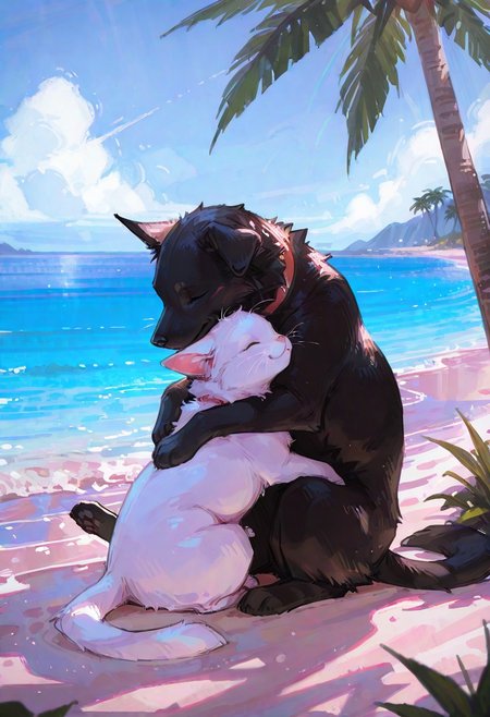 masterpiece, best quality, amazing quality, flat colors, high detailed, high quality, high resolution, 4k ,male, female, puppy, duo, feral, kitten, sitting, white fur, black fur, day, head on head, cute, hugs, happy, in beach, beautiful landscape, ocean, tropical tree,  lauth