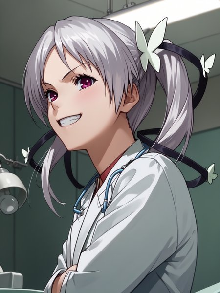 (upper body, solo focus:1.2) <lora:happy_tentacle-ageha-v0.1-000020:1>, ht_ageha, silver hair, (petite:1.2), <lora:Shed_The_Skin's StS_age_slider_v1_initial_release:-1> ( (revealing clothes :1.1) :1.1) ( (head back :0.8) , , (excited :1.2) , crazy smile , (looking at viewer:0.6) :1) indoors, , hospital, operating table, surgery, surgical light, cardiogram, (surgeon, doctor, labcoat:1.2), (unworn mask:0.5), ceiling light, (( from side :1.1) :0.8) score_9, score_8_up, score_7_up, score_6_up, score_5_up, score_4_up, ( [(realistic, photorealistic:1.3):(realistic:1.2):14] [(3d:1.2)::12] [:anime coloring:10] :1) <lora:LUUNA's Lunas-NijiJourney-SDXL-B2:0.35>, nijijourney <lora:prgfrg23's Counterfeit-V3.0 Style SDXL_LoRA_Pony Diffusion V6 XL:0.6> <lora:mfcg's mfcgXL:0.12> <lora:reweik's gyokai(himehajime)_PonyXL_style_v01:0.14>