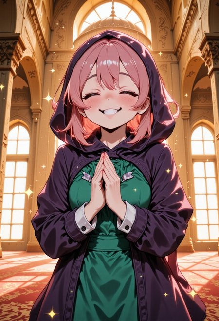 Create an illustration of a cheerful Civchan. Civchan  have a bright, radiant smile with closed eyes and small sparkles around their head. She iis wearing a dark purple hood (JILBAB) over a dark coat with white cuffs, paired with a vibrant green dress featuring ruffled details. Civchan's hands are clasped together in a prayer-like gesture, expressing gratitude or excitement. The background is a elegant great mosque of Moslem holy place, golden light to fill the space, and the walls have golden  paneling or ornate detailing with a wonderful Mosque dome. The overall mood should be warm, positive, and inviting. CLEAR BIG OVERLAY TEXT:"HAPPY EID MUBARAK! UKHTI CIVCHAN". Perfect hand, Detailed hand, Hand
