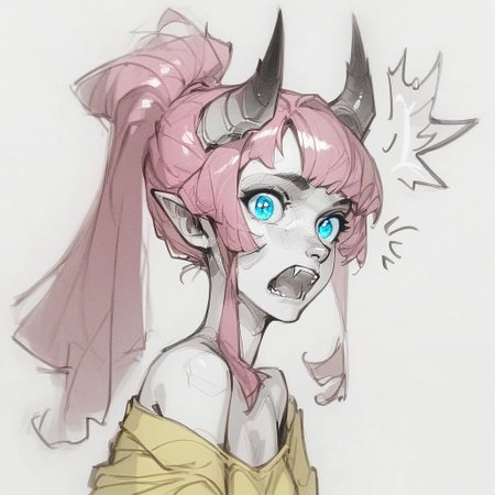 sketch, monochrome, greyscale, score_9, score_8_up, score_7_up, masterpiece, best quality, absurdres, vibrant, highly detailed, upper body, Lynn Pink, blue eyes, pink hair, ponytail, tail, horns, pointy ears, fangs, (((adult))), small breasts, simple yellow shirt, long sleeves, off shoulder, no bra, hungry, (^^, :D:1.5), reaching towards viewer, looking at viewer, white background, simple background