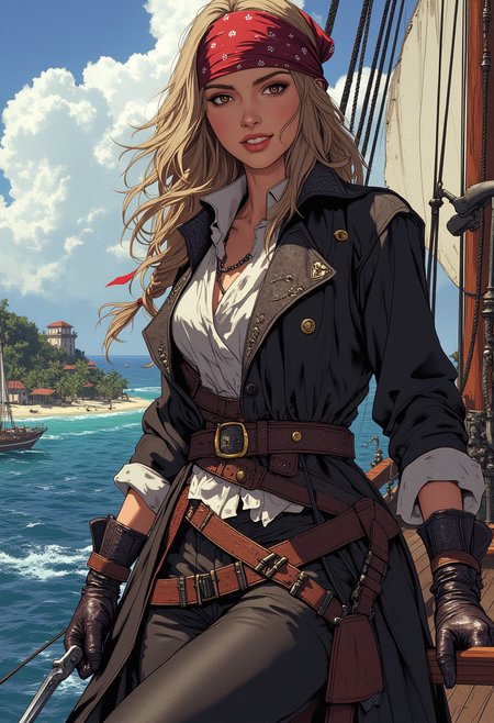 Close up shot. Image is a digital fantasy artwork featuring a female character with a striking appearance. She has tan skin and brown eyes, with long blonde hair peaking out the bottom of her bandana. In her hands is a cutlass. On her body is multiple old flintlock pistols, She's wearing a long intricate overcoat with a white white and tight leather pants. She's standing at the edge of a ship with one leg on the railing, looking out into the sea. Her expression is happy and confident. The background is of a the ocean, small tropical island, Skull island,