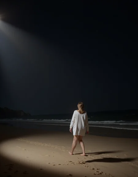 Rembrandt style (Night scene:1.8), <lora:Guin-FluxX:1>, (in the rays of light,:1.7), on the sand on starry sea beach, absurdres, <lora:SuperModel-V8:1>, Guin, public use . Baroque, chiaroscuro, realistic, emotional, "flat lighting