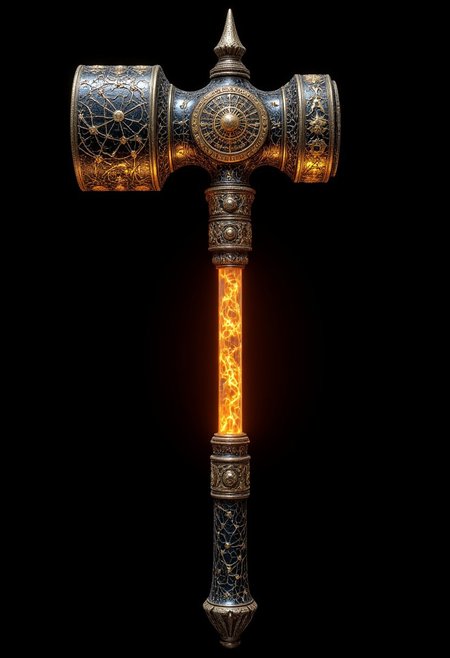 A heavy warhammer forged from dark obsidian, its head adorned with golden inlays depicting celestial constellations. The handle is wrapped in dragon-hide leather, still warm to the touch, as if it holds the lingering heat of the forge that birthed it. The hammer’s surface is pockmarked with tiny runes, shifting and reforming in an endless, indecipherable script. When swung, it leaves behind faint golden embers, illuminating the path of its devastating arc.
   , aidmamjv7, aidmaHyperrealism, aidmaimageupgrader
