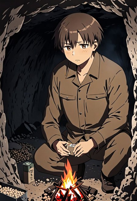 high resolution, solo, best quality, 1Boy, Takaki Toono, Brownish Hair, Brown Eyes, cave, bunker, field Ration, bonfire, OverallDetail