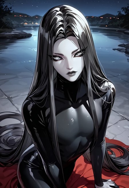 score_9, score_8_up, score_7_up, Expressiveh,
mioru, 1girl, solo, black hair, very long hair, black lips, grey eyes, makeup, pale skin, black bodysuit, skin tight, 
looking at viewer, red dress, outdoors, night, full body