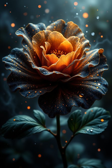 "A close-up of a beautiful black and gold rose with dew drops on its petals, glistening under the soft light of a rainy day. The petals are rich, velvety, and deep gold, with delicate rain droplets scattered across the surface, reflecting the light. The background is blurred, showing hints of green leaves and a soft mist, evoking a calm, serene atmosphere. The texture of the rose is enhanced by the wetness of the raindrops, giving the flower a fresh, vibrant look. The image conveys both elegance and tranquility, with a sense of natural beauty and renewal.",(masterpiece), best quality, expressive eyes, perfect face,(UHD:1.1),colors,(hyper detailed:1.1),intricately detailed,(fantastical:1),intricate detail,splash screen,(fantasy:1),(4k resolution:1),(masterpiece:1.1),complex background,(intricate detailed:1.1),bright colors,concept art,digital art,intricate,expert,insanely detailed,velvet_myst,aidmafluxpro1.1