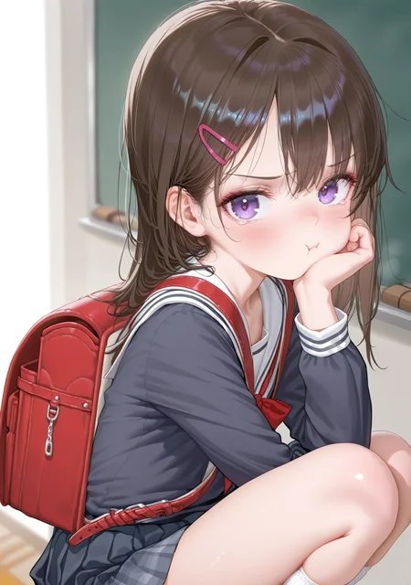 masterpiece,best quality,amazing quality,
<lora:adelinestyle:1>,adelinestyle,
1girl,school uniform,(pout:0.8),looking at viewer,randoseru,