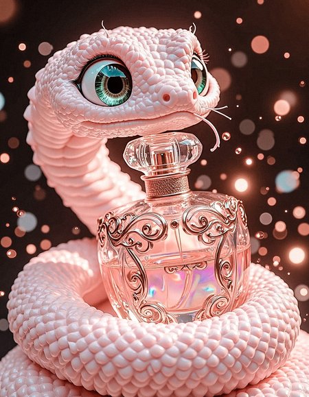 A whimsical, ultra-cute pink snake with an incredibly fluffy texture, its body covered in soft, pastel-pink scales that shimmer faintly under the light. Its wide, expressive eyes are a vibrant, glossy green, filled with wonder and a perpetually surprised expression, giving it an endearing, cartoonish charm. The snake is playfully curled around a luxurious, ornate perfume bottle, its coils gently hugging the glass. The bottle is a masterpiece of design, with intricate golden filigree patterns etched into its surface, reflecting light like a prism. The liquid inside glows with a mesmerizing, iridescent hue, casting a soft, colorful radiance that illuminates the scene. The bottle is the sole light source, creating a dreamy, magical ambiance with its warm, golden glow and scattered rainbow reflections dancing across the snake’s fluffy body and the surrounding darkness. The background is a deep, velvety black, making the vibrant colors of the snake and bottle pop vividly, creating a striking contrast.