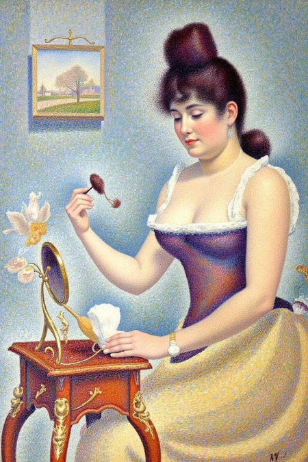 geoseu1 pointillist painting.
A woman seated at her vanity, powdering her face. The woman is dressed in a light, delicate garment, her hair into a elegantly updo. The setting features a round table adorned with a small mirror. There is a small painting hanging on the wall behind her. <lora:geoseu1_cap_d6a3e12:1.0><lora:821054690507820967:0>