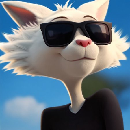 score_9, score_8_up, score_7_up, Expressiveh, masterpiece, best quality, highly detailed, realistic, (zPDXL3), 1girl, solo, (AngusSG, furry, anthro, feline, cat, pink inner ear, pink nose, black nose, sunglasses, white body, white fur, skinny, sunglasses covering eyes, clothed, black shirt, arms down), close-up, smile, (blue background, simple background), smile, closed mouth