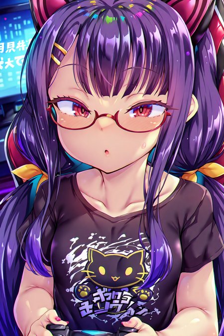shiny skin, posing,
<lora:toraishi.il:1>,
toraishi, 
gaming chair, monitor, controller, 
half-closed eyes, bags_under_eyes ,
upper body, printed shirt, 
night, dark,, (purple hair:1.2), very long hair, low pigtails, hime cut, 
red eyes, glasses, hairpin, cat headphones,  
hairpin,