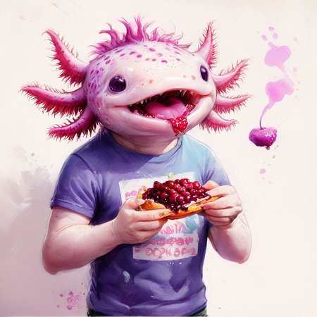 (watercolor artwork of:1.5) 2d,  <lora:axomodel2:1>  axomodel2,  axolotl wearing crew neck t-shirt clothing,  eating boysenberry food,