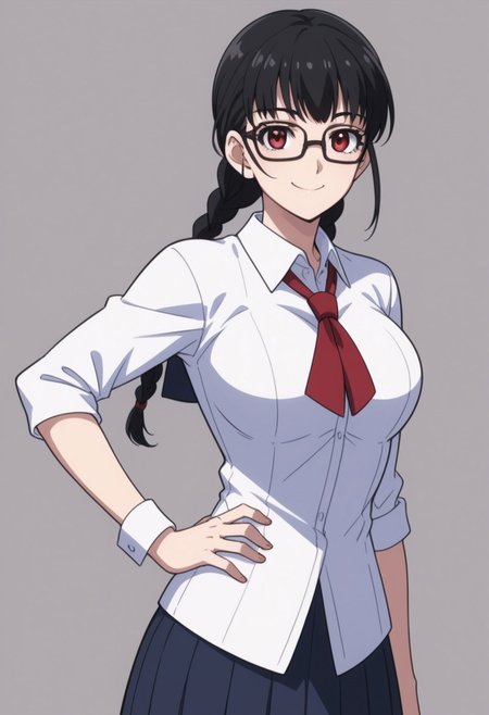 shiizaki lulu, 1girl, solo, glasses, black hair, braid, large breasts, red eyes, school uniform, standing, hand on hip, smile, score_9, score_8_up, score_7_up, score_6_up, score_5_up, score_4_up