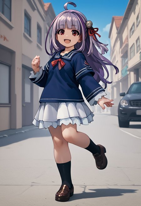 score_4,score_5,score_6,score_7_up,score_8_up,score_9
((masterpiece,best quality,ultra detailed,highres,HD,4k:1.2)),
1girl, solo,long hair,purple hair, multicolored hair,ahoge, blunt bangs, side locks,red eyes, bell hair ornament, hair ribbon, red hair ribbon, school uniform,sailor collar, short over long sleeves,blue shirt,Blue short sleeves, 
white long sleeves, light blue skirt, frilly skirt, red ribbon on clothes, brown shoes, black socks,
Blue sky, street, city,
smile,open mouth,