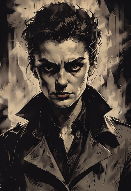 close up, drawing of a moody detective woman in a smokey detective office, with (thick eyebrows:0.7) and with (big nose:1.1) and with upturned eyes, dark room, film noir style, <lora:add-detail-xl:-1>,  <lora:Dark_Novel:0.7>