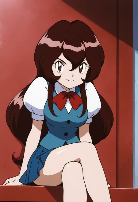masterpiece, best quality, solo, curvy, beautiful eyes, aged up, large breasts, wide hips, narrow waist, 1girl, solo, smile, looking at viewer, zzGiselle, brown eyes, hair between eyes, brown hair, long hair,   red bowtie, puffy short sleeves, blue vest, buttons, blue skirt, smug,  <lora:GisellePokemon_IXL:1.0>,     sitting, crossed legs, upper body focus, smile, looking at viewer,
