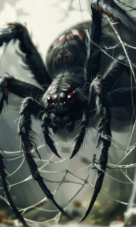 A close-up photograph of a cute large hairy black spider with red puppy-like eyes perched on a web in a dimly lit eerie forest setting. The spider's detailed texture and the web's intricate patterns are highlighted by soft diffused light. <lora:- NAI - ac_illustration_V1.0-step00011000:.4>  <lora:- NAI - PdJ_highres_counterweight_V.2.0-step00021000:0.7>
