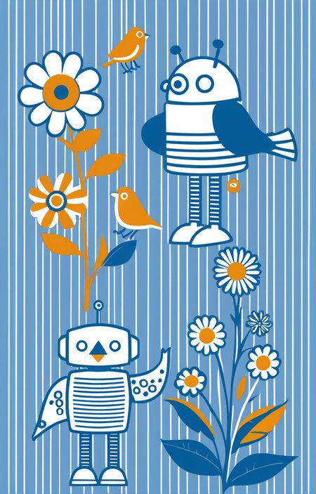 Simple flower and bird stripes in a blue and white style [SDXL] 72