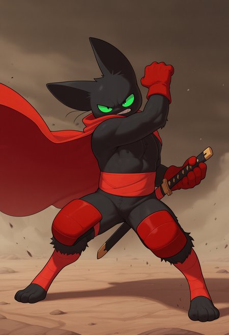 masterpiece, best quality, amazing quality, 1boy, solo, MaoMM, red cape, waist band, knee pads, leg bandages, red gloves, sword, fighting stance