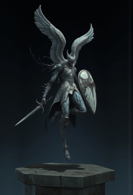 Standring in a hyper extended action pose
A feathered knight with a cape, holding a templar shield, and a gladiator sword
Set against a solid dark color background to emphasize its unsettling unnatural form that emphasizes its silhouette. The medium is not a traditional painting or illustrative medium like watercolor or ink but rather a digital 3D rendering.
MikeFranchinastyle, d4artstyle, d4concept, , bbstyle,, horror theme,, zbrush, ZBClay model of a gray sculpture, 1990's, 1990's style