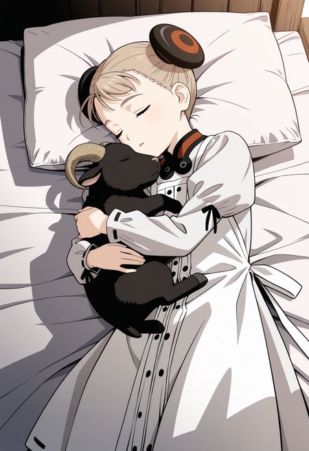 <lora:AlvisEHamiltonIL:1>, alviseh, white dress, puffy sleeves, cowboy shot, lying on bed, pillows, holding goat, closed eyes, sleeping,
from above,
masterpiece,best quality,amazing quality,