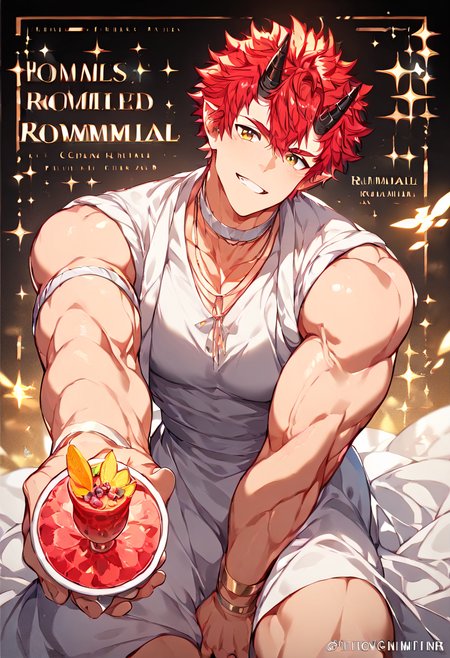 <lora:Expressive_H:1>,Red hair,horns,<lora:ShutenParadiso_Guardian:1>,foreshortening,muscular male,hand_between_legs,(cocktail_dress:1.3),, 1boy, male focus, character name, series name,best quality, amazing quality, best aesthetic, absurdres,score_9,score_8_up,score_7_up,