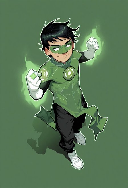masterpiece, absurdres, high quality, perfect anatomy, 1boy, solo, cute boy, male focus, TaiPham, Black Hair, Green Lantern Ring, Green Lantern Costume, Green and Black Bodysuit, Green Domino Mask, White Eyes, White Gloves, Pelvic Curtain, Black Pants, White Shoes, Glowing Green Outline, Green Energy Aura, floating, levitating, big smile, cinematic, intricately detailed illustration, depth of field, masterpiece, best quality, amazing quality, very aesthetic, absurdres, newest, very awa,  shadow, dynamic angle, casual cosplay, dynamic pose, simple background, green theme, beitemian style
