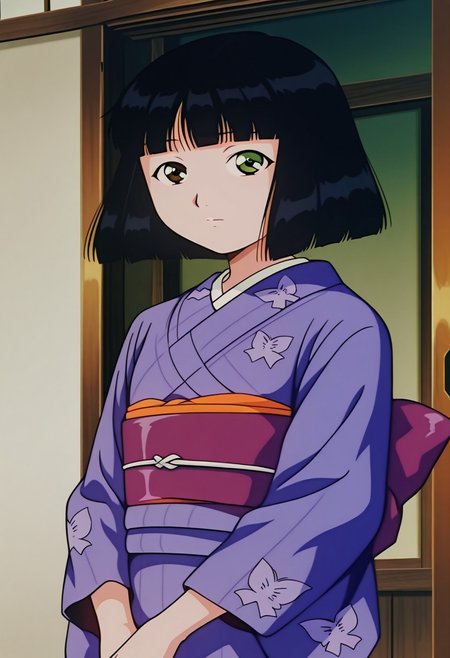 score_8_up, score_7_up, anime screencap, anime art style, best quality, hyper detailed,masterpiece, ruri madarame, bob cut, short hair, black hair, odd eye, right brown eye, left green eye, japanese clothes, kimono, purple kimono, ruri madarame, 1girl, solo, bangs, sash, obi, looking at viewer, blunt ends, blunt bangs, closed mouth,