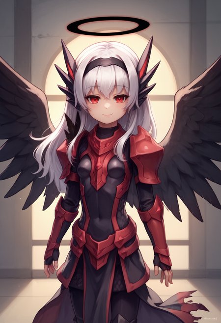 zPDXL, 1girl, solo BREAK
darkmel, darkmel-armor, hairband, headgear, closed mouth, small breasts, halo, wings,
seductive smile, looking at viewer,
standing, cowboy shot,
indoors, 
<lora:darkmel-ponyxl-kohya-000006:0.6>