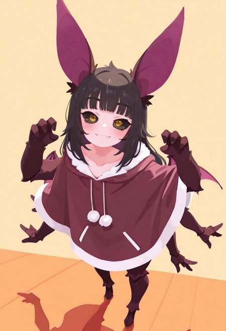 masterpiece, high quality, absurdres, gorgeous, dynamic angle, simple background, glossy, shade, shadow, MorikoKyoho, 1girl, solo, long hair, yellow eyes, blush, black hair, animal ears, bat ears, collarbone, wings, bat wings, purple wings, fangs, hood, hood down, hoodie, blunt bangs, fur trim, capelet, pom pom (clothes), drawstring, poncho, bat girl, cute pose, smile
flat color, no lineart, tianliang_duohe_fangdongye:0.7, ((organic shapes)), abstract background, facing viewer, reflective floor, 
juniperactias, monster girl, arthropod girl, moth girl, insect wings, ((extra arms)), fewer digits, carapace, long hair, antennae, ((black sclera)),