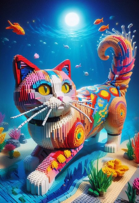 Surreal style, Radiant, big-eyed cat made of lego at night, fishes swim in the background, the cat is dreaming, abstract art by Anne Truitt, Synthetism, psychedelic colors, psychadelic, sharp focus, highly intricate, full color, confident, intricate artistic color, handsome