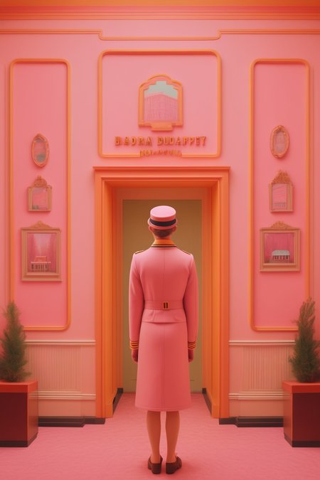 <lora:Director Wes Anderson style:1>Director Wes Anderson style -  scene | Symmetrical framing | Nostalgia | Vintage cinema | A couple eating biscuits | Cinema front view | Pastel Vivid colors | in the style of Grand Budapest Hotel directed