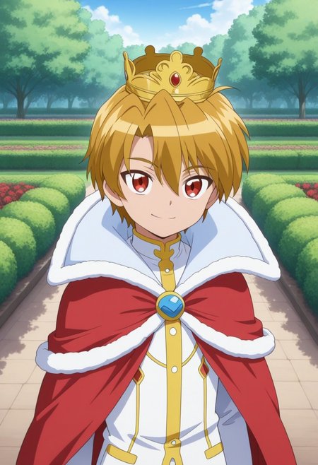 masterpiece,best quality,amazing quality, source_anime, 
Buraito, 1boy, male focus, solo, red eyes, blonde hair, crown, jacket, white jacket, cape, red cape, smile,
outdoor, garden,
