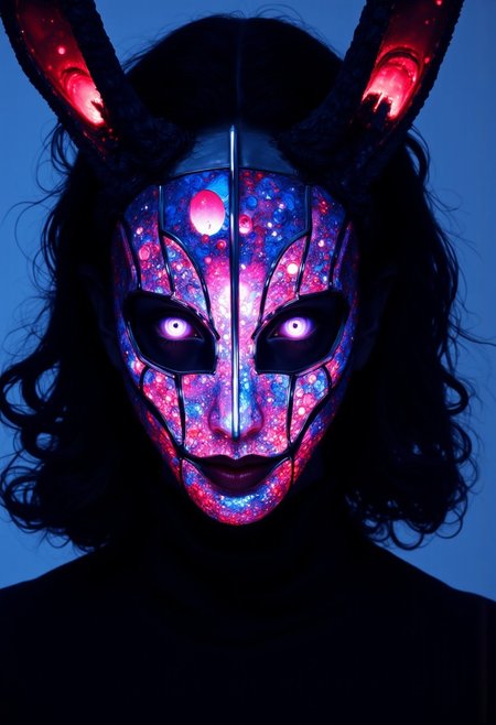 Surrealism black light Backlight, Very detailed, extreme Face Closeup of an eerie horned shinobi with a holographic crystalline Mask, iridescent blue energy lines pulsing across its surface, glowing purple-shaded eyes, atmospheric haze, Film grain, cinematic film still, shallow depth of field, highly detailed, high budget, pastel Neon pink and deep red